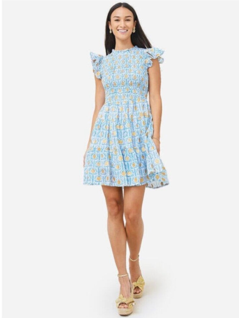 Oliphant Light Blue Floral Smocked Mini Dress M